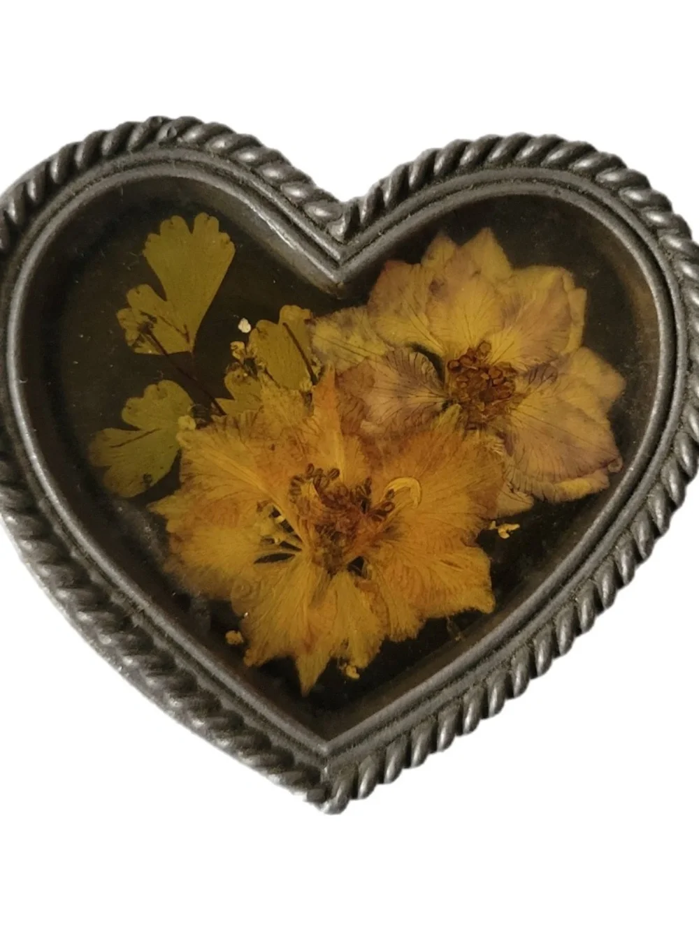 Pewter Heart Shape Trinket Box with Pressed Flower in a Resin Lid